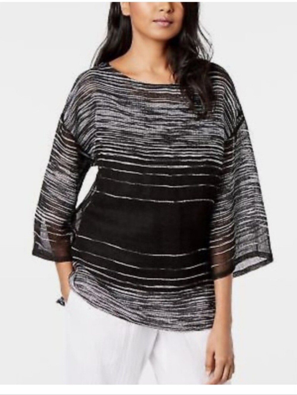 Eileen Fisher Illusion‎ Organic Linen Mesh Bateau Neck Top black  white stripes